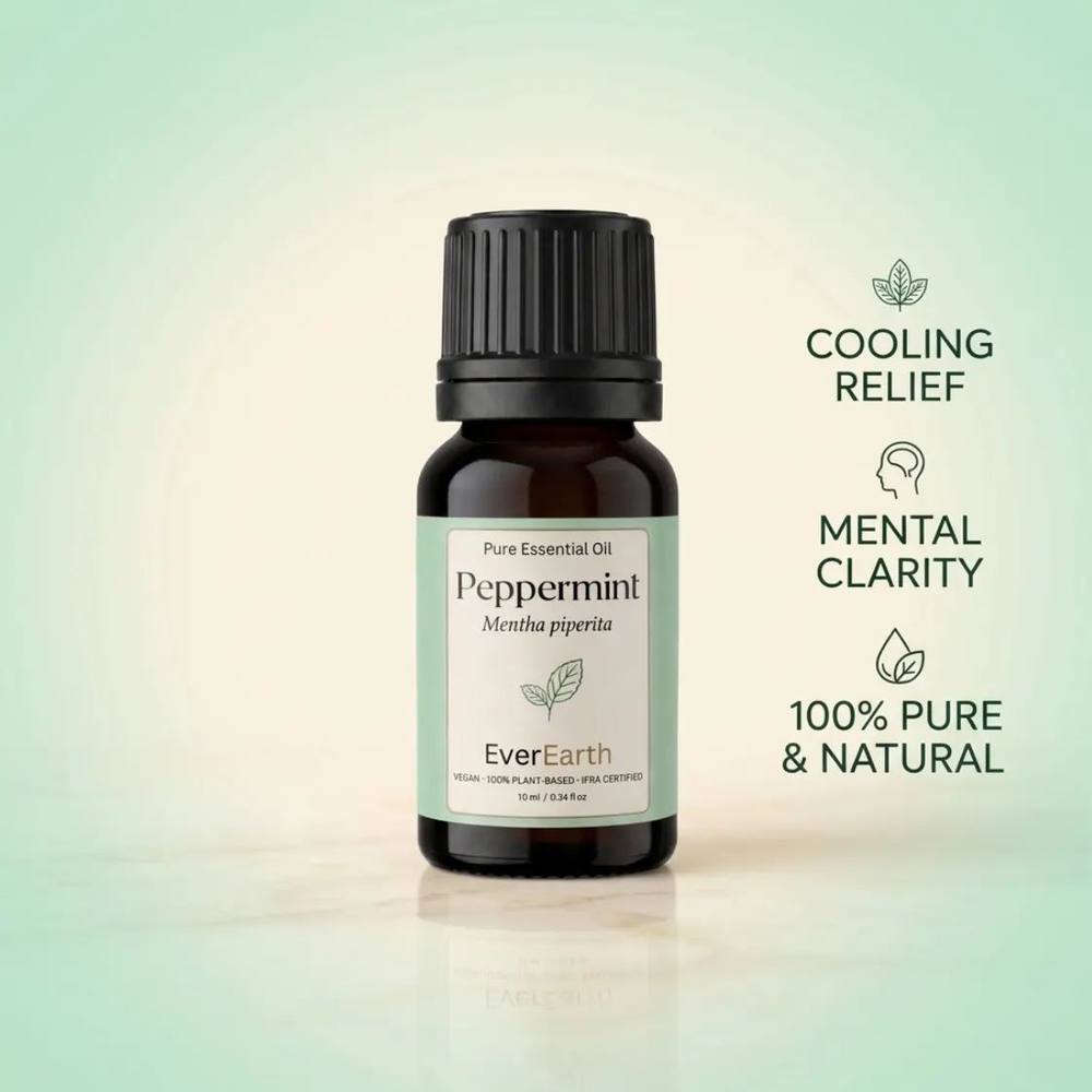 EverEarth Peppermint essential oil bottle in fresh peppermint, cool and bright