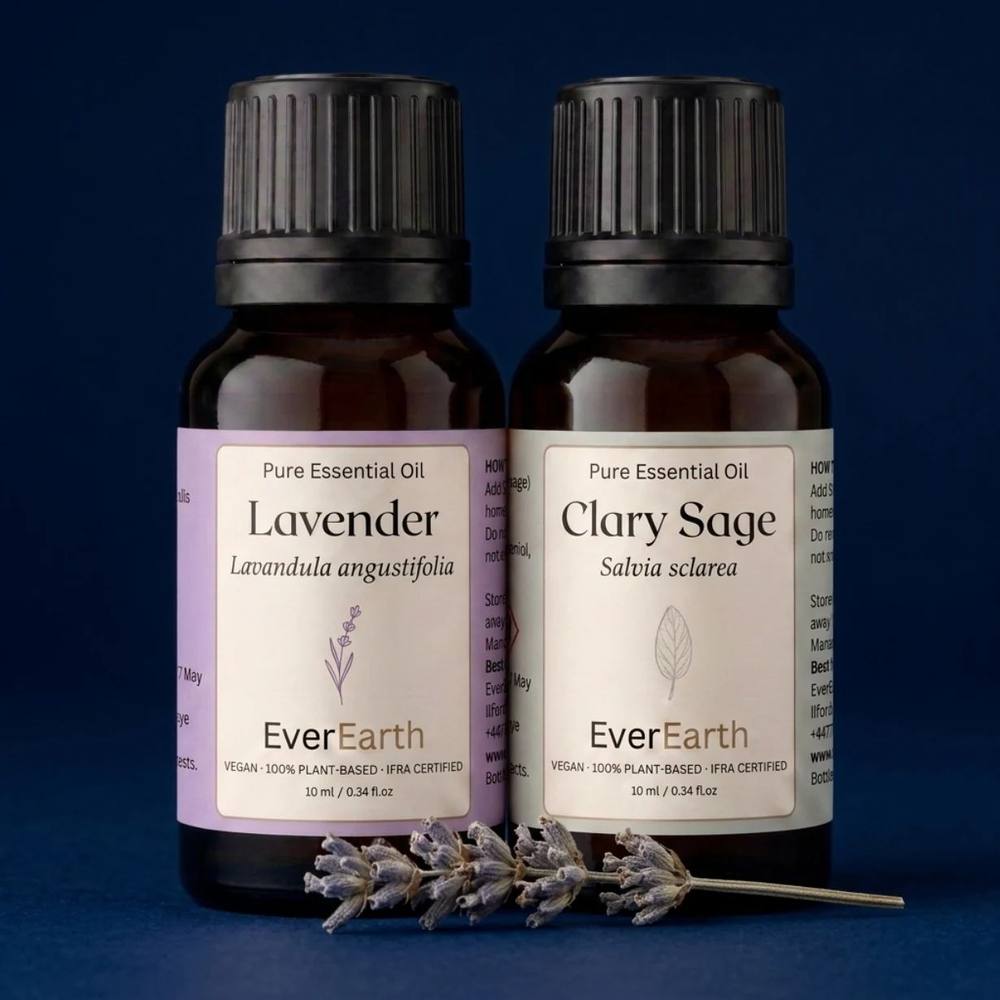 EverEarth Evening Duo, Lavender and Clary Sage essential oil bottles on a deep navy background