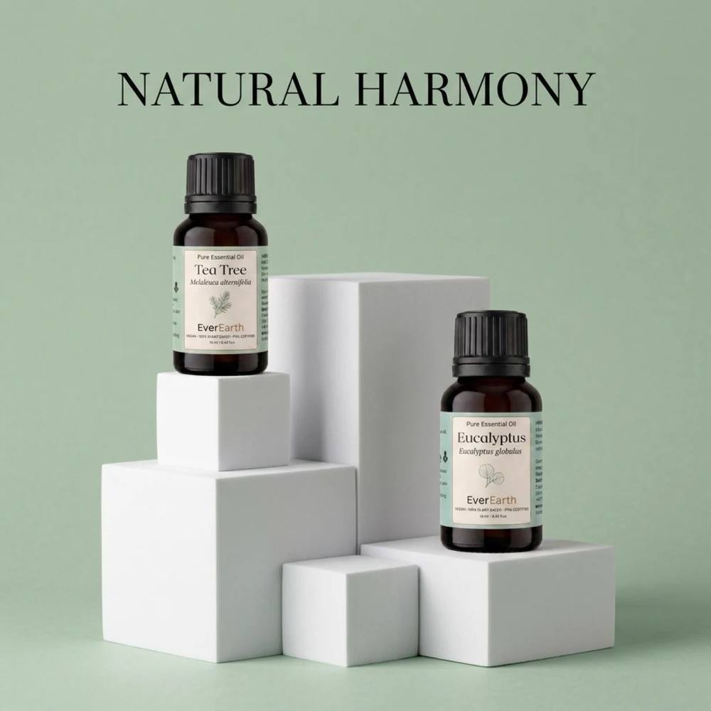 EverEarth Fresh Home Duo, Tea Tree and Eucalyptus on white pedestals, natural harmony