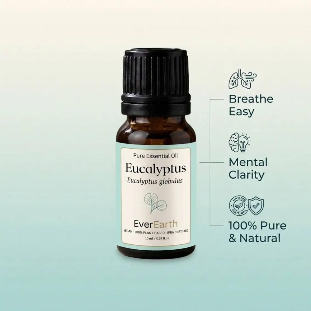 Benefits of EverEarth Eucalyptus essential oil: breathe easy, mental clarity, 100% pure and natural