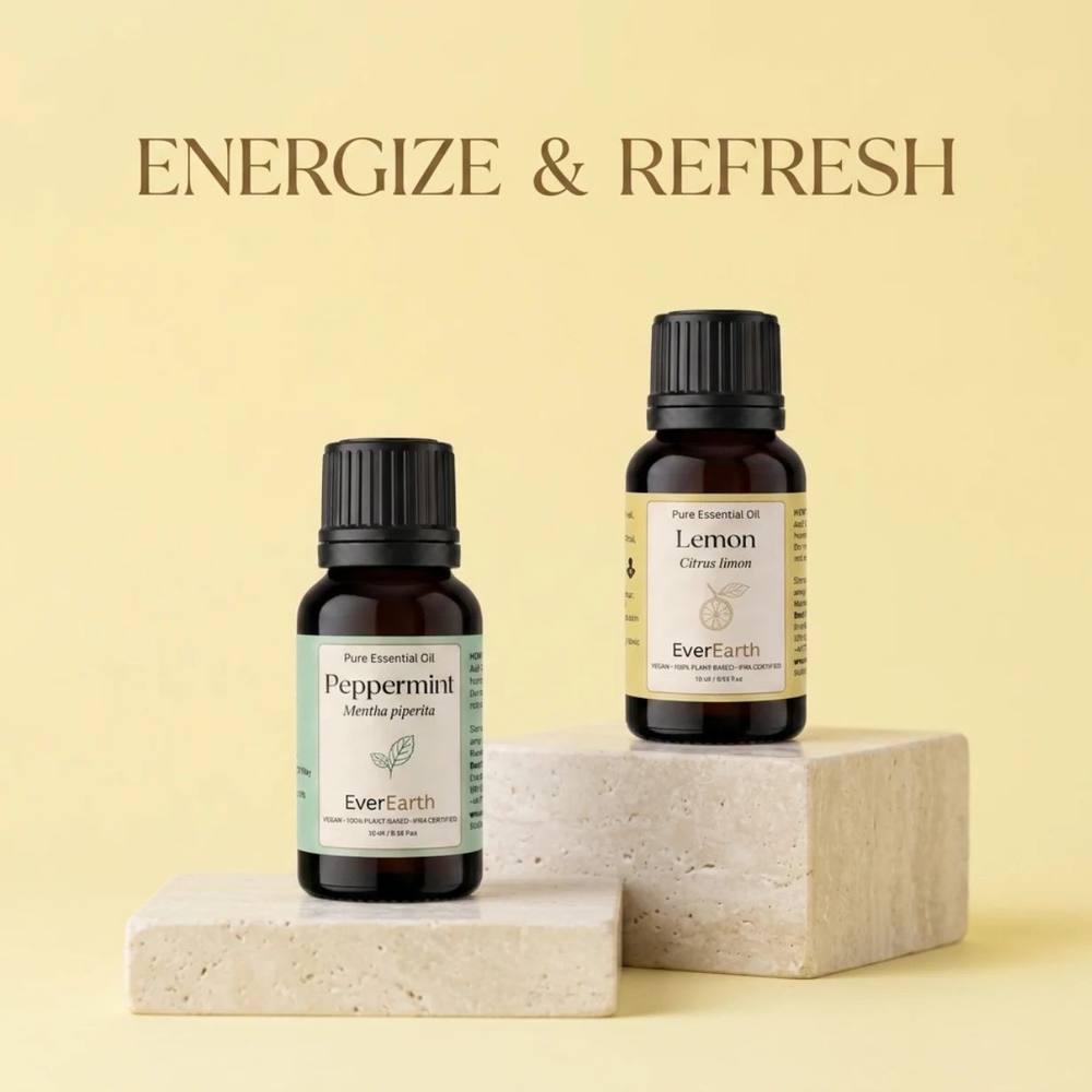EverEarth Morning Duo, Peppermint and Lemon essential oils on travertine, energize and refresh