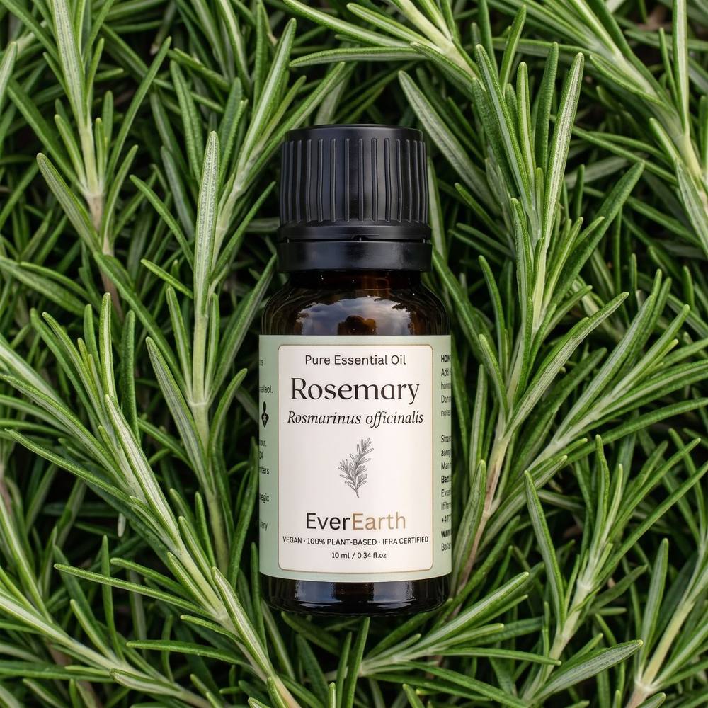 EverEarth Rosemary essential oil 10ml amber bottle resting on fresh rosemary sprigs