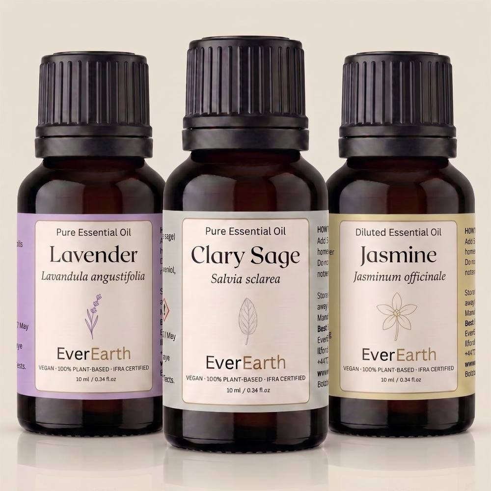 EverEarth Sleep and Unwind Trio, Lavender, Clary Sage and Jasmine 10ml amber glass bottles on cream