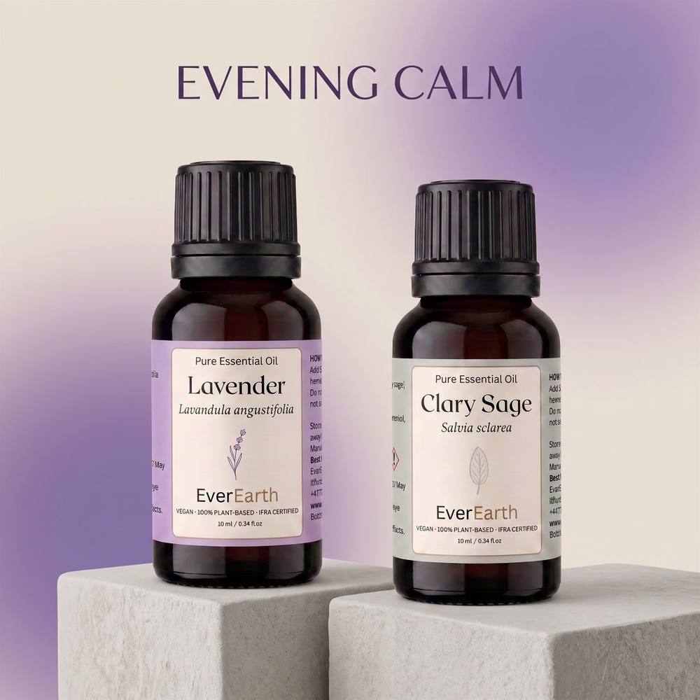 EverEarth Evening Calm, Lavender and Clary Sage essential oils on soft stone pedestals with purple backdrop