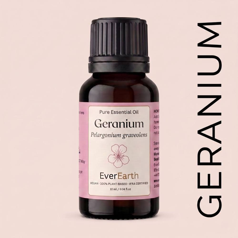 EverEarth Geranium essential oil, 10ml amber glass bottle on soft pink backdrop