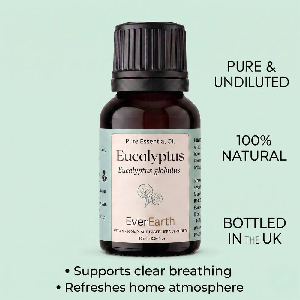 EverEarth Eucalyptus essential oil, pure and undiluted, 100 percent natural, bottled in the UK