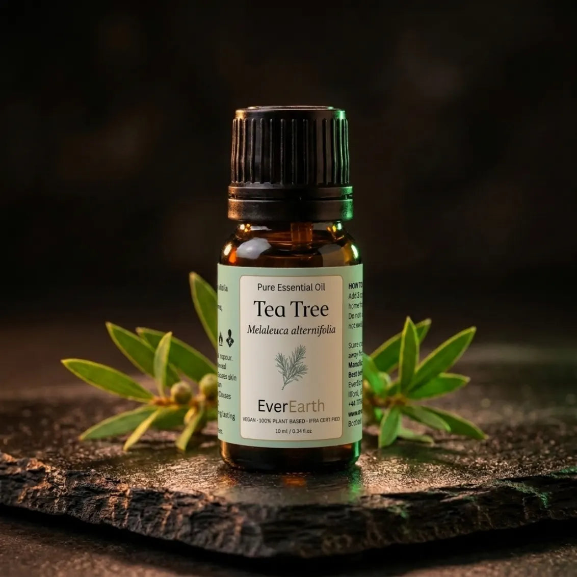 EverEarth Tea Tree essential oil bottle on dark slate with fresh tea tree sprigs