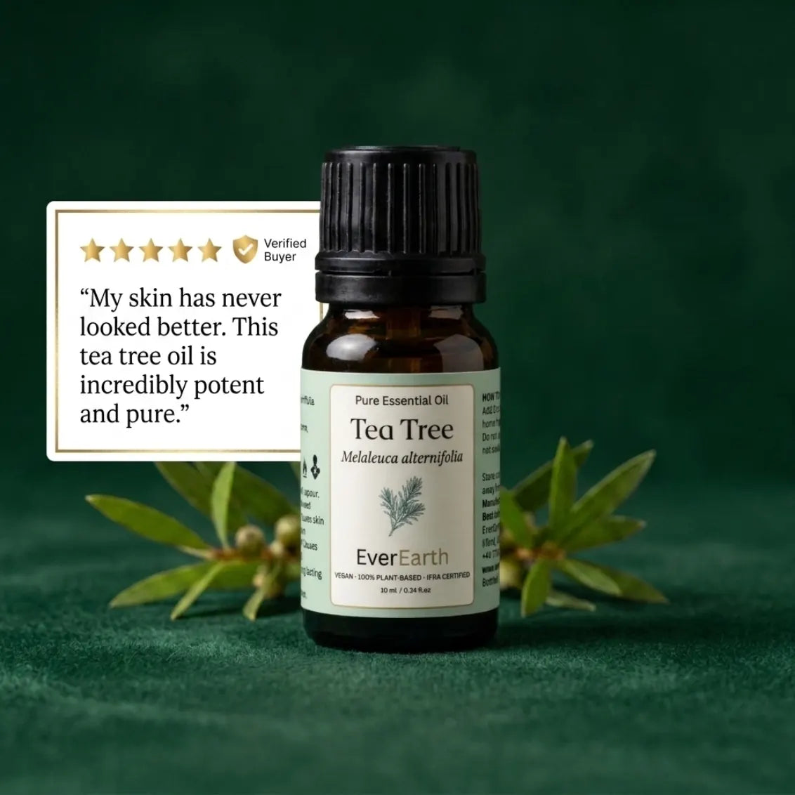 Five star verified buyer review of EverEarth Tea Tree essential oil