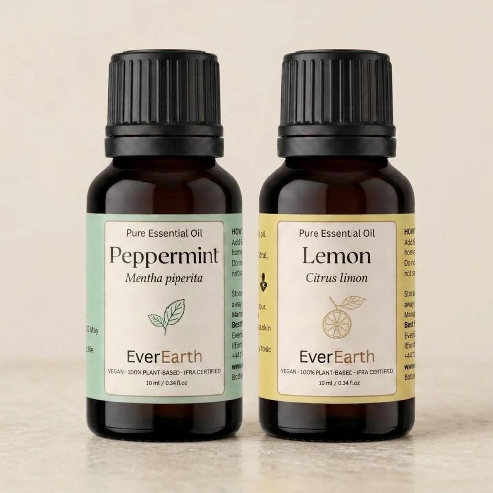 EverEarth Morning Duo, Peppermint and Lemon 10ml amber glass bottles on cream