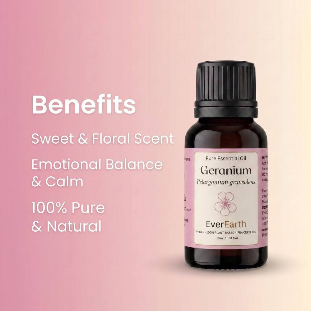 Key benefits of EverEarth Geranium essential oil: sweet and floral scent, emotional balance and calm, 100 percent pure and natural