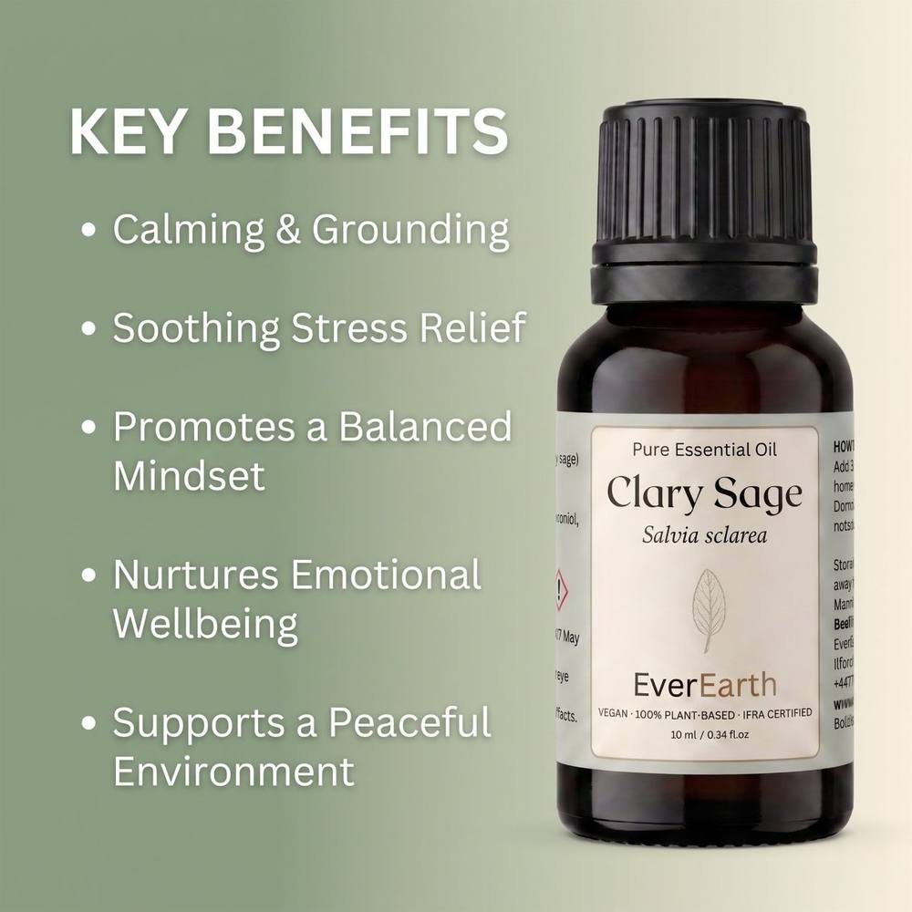 Key benefits of EverEarth Clary Sage essential oil: calming and grounding, soothing, balanced mindset