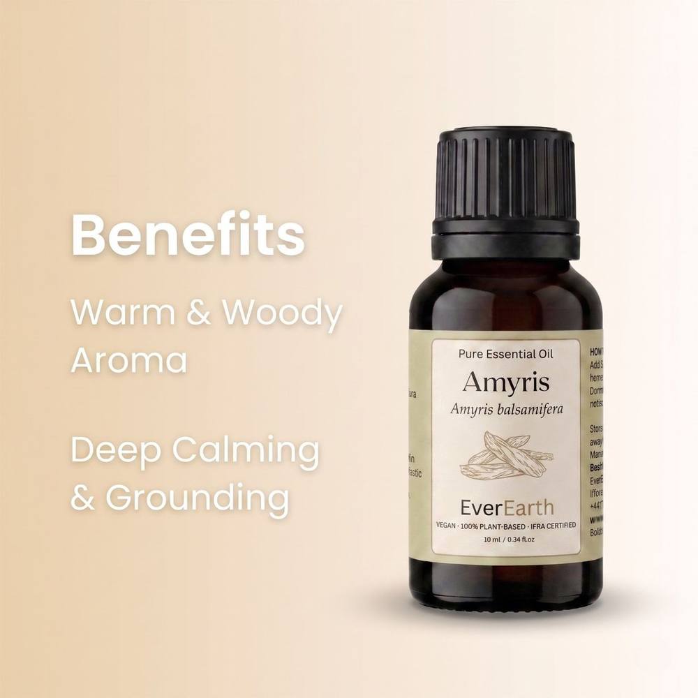 Key benefits of EverEarth Amyris essential oil: warm and woody aroma, deep calming and grounding