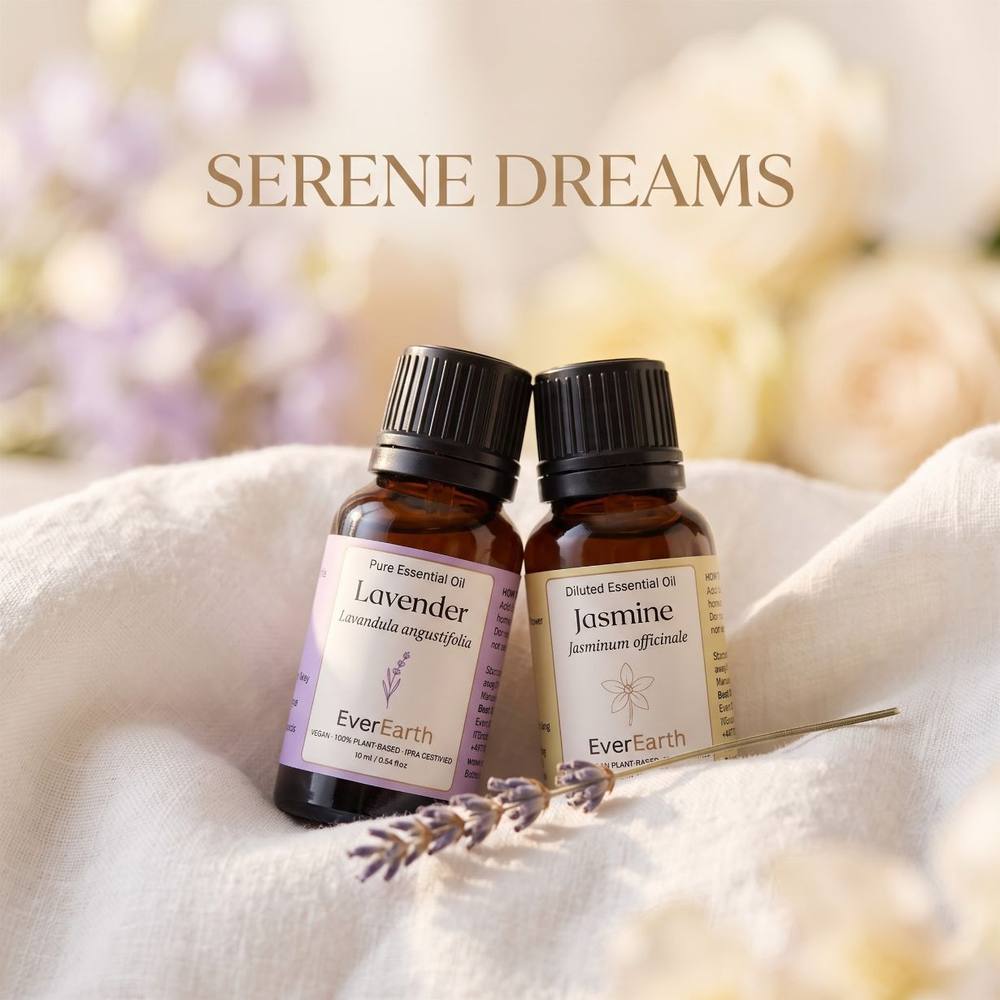 EverEarth Serene Dreams, Lavender and Jasmine essential oils on soft linen with pale florals