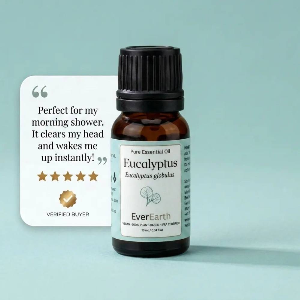Verified buyer review for EverEarth Eucalyptus essential oil, five stars