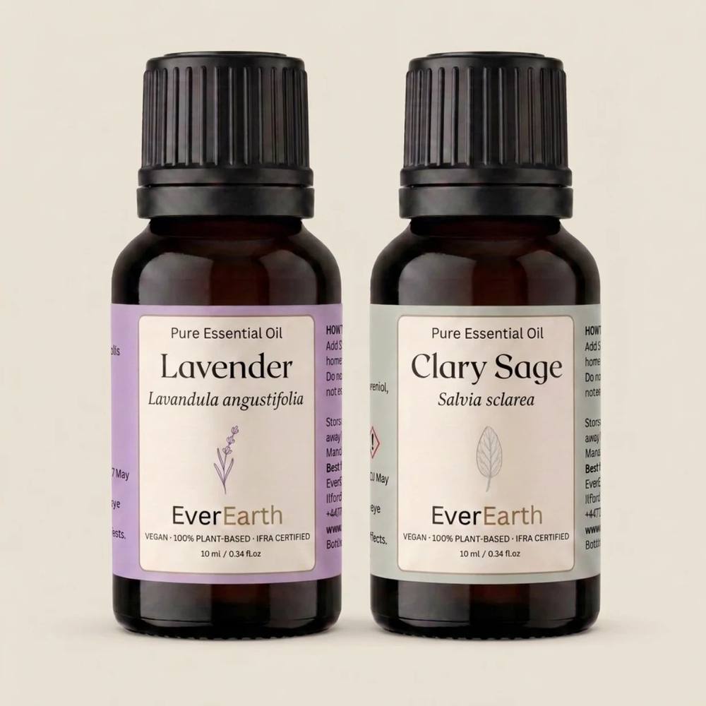 EverEarth Evening Duo, Lavender and Clary Sage 10ml amber glass bottles on cream