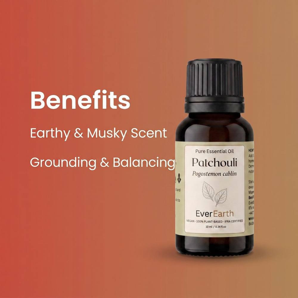 Key benefits of EverEarth Patchouli essential oil: earthy and musky scent, grounding and balancing
