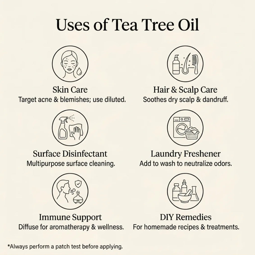 Uses of Tea Tree oil: skin care, hair and scalp, surface disinfectant, laundry, immune support, DIY remedies