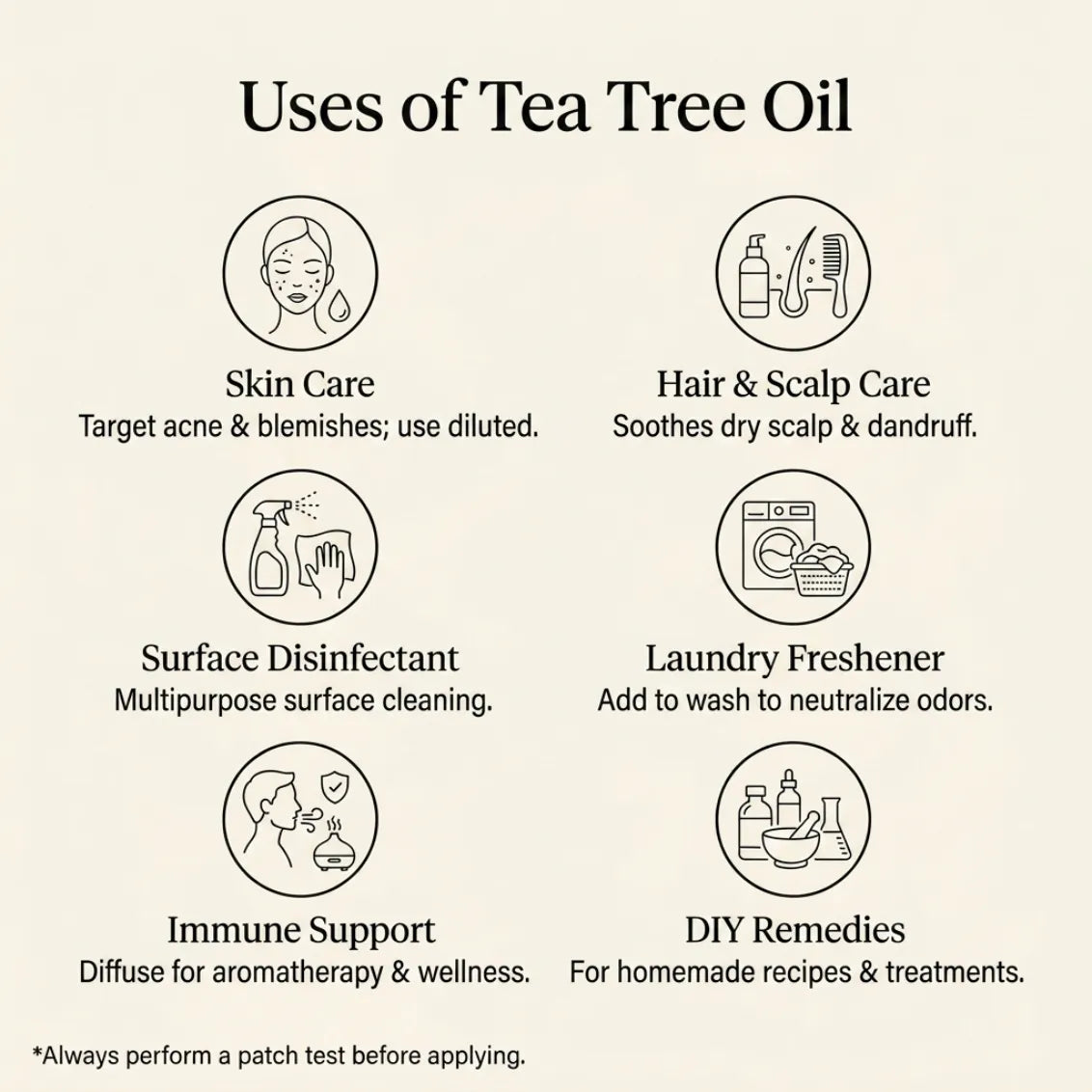 Uses of Tea Tree oil: skin care, hair and scalp, surface disinfectant, laundry, immune support, DIY remedies