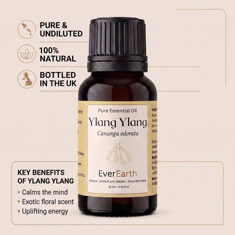 EverEarth Ylang Ylang essential oil, pure and undiluted, 100 percent natural, bottled in the UK