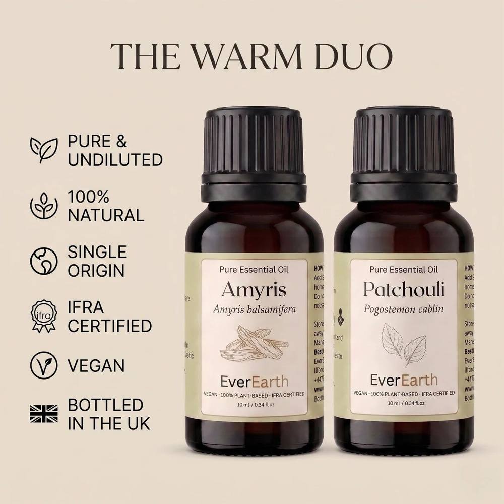 EverEarth Warm Duo, Amyris and Patchouli, pure and undiluted, single origin, vegan, bottled in the UK