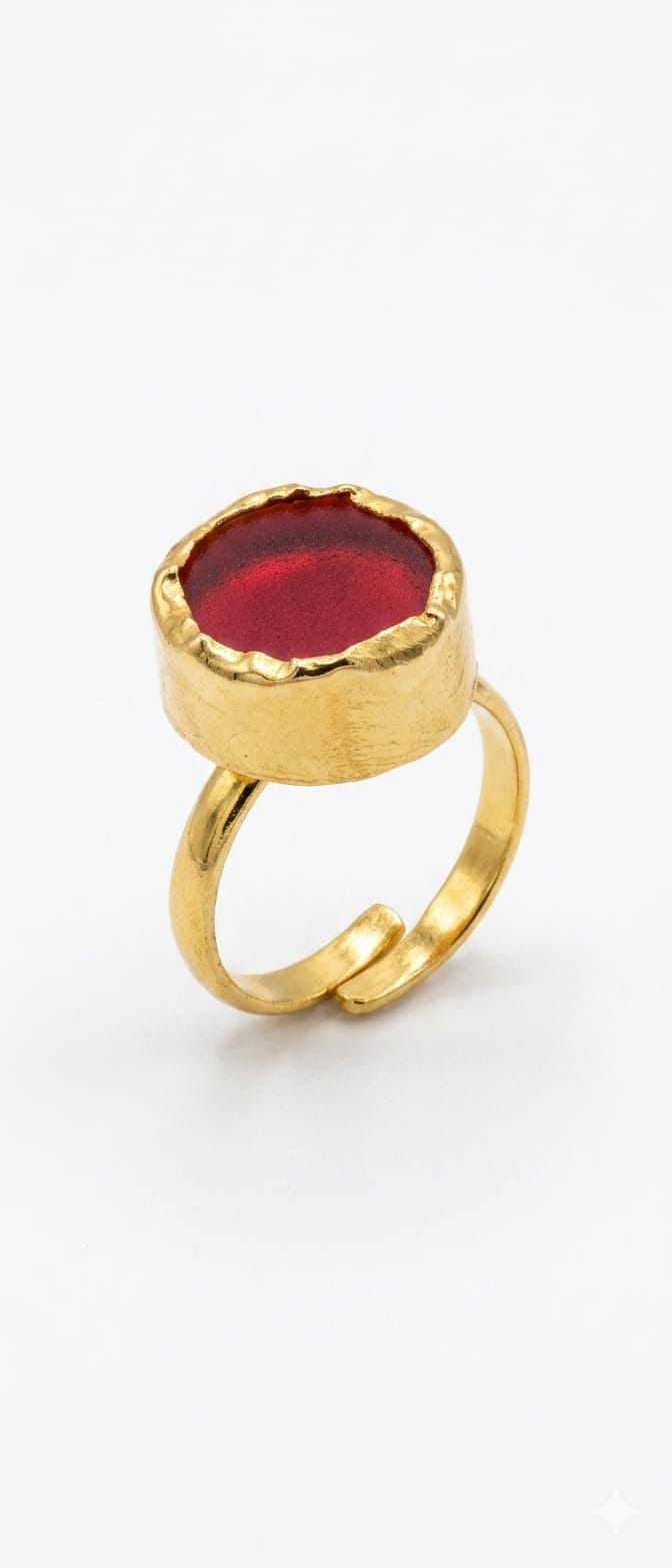 House of Rivit Irregular Gold Cuff Ring with Deep Red Stone