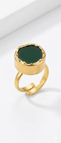 House of Rivit Irregular Gold Cuff Ring with Dark Green Stone