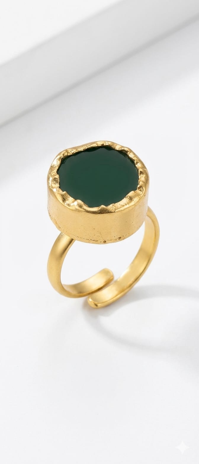 House of Rivit Irregular Gold Cuff Ring with Dark Green Stone
