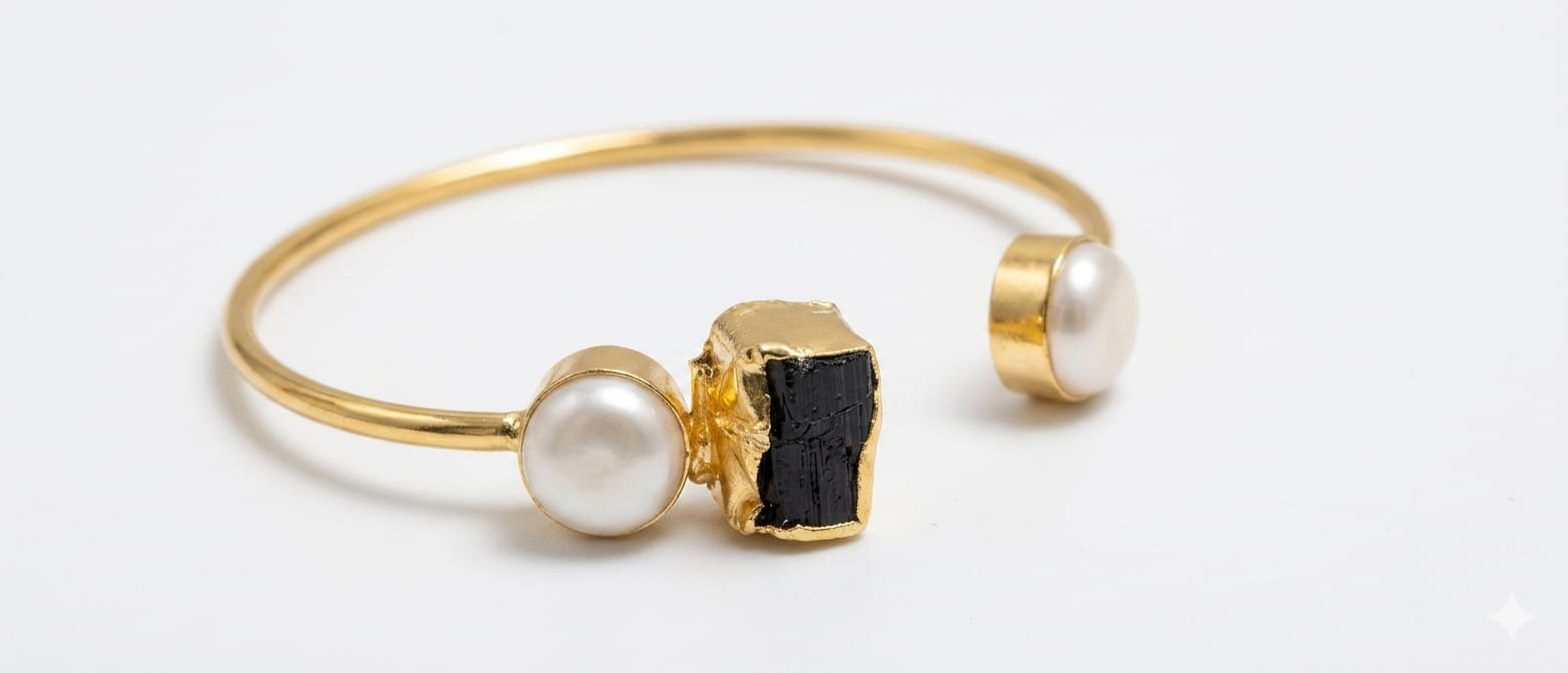House of Rivit Black Raw Stone & Double Pearl Open Bracelet