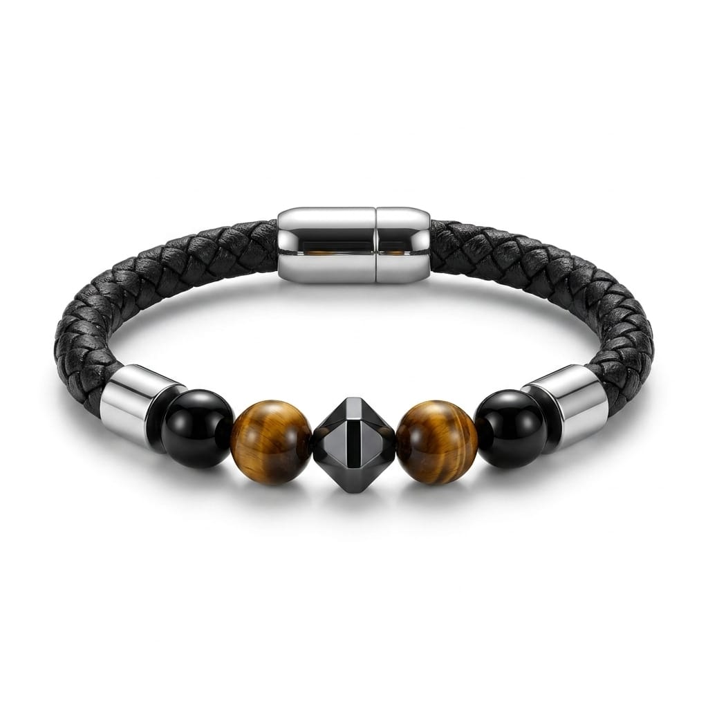 House of Rivit Executive Leather Grounding Bracelet – Tiger's Eye & Black Onyx