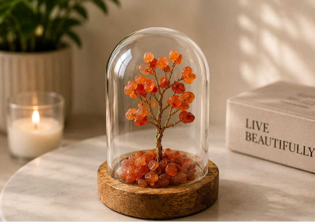 House of Rivit Carnelian Crystal Gem Tree in Glass Dome
