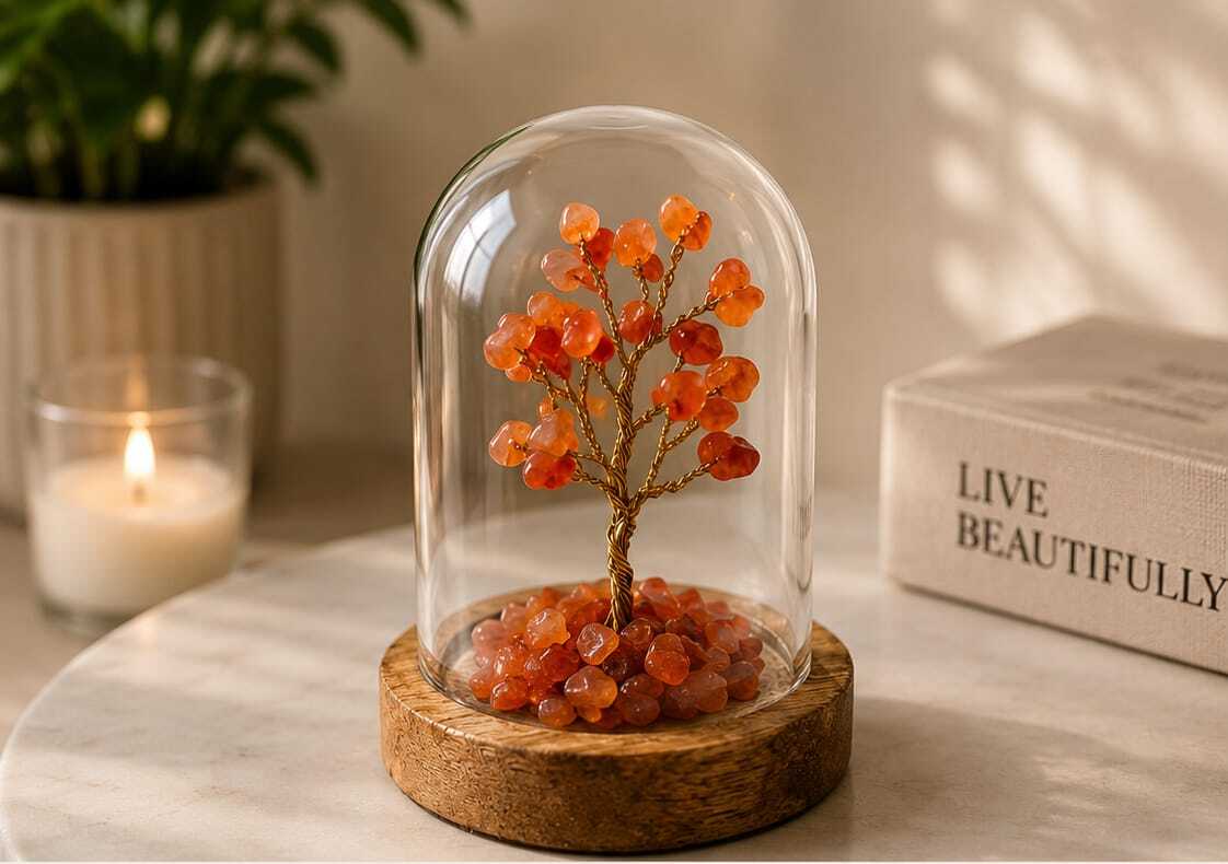 House of Rivit Carnelian Crystal Gem Tree in Glass Dome