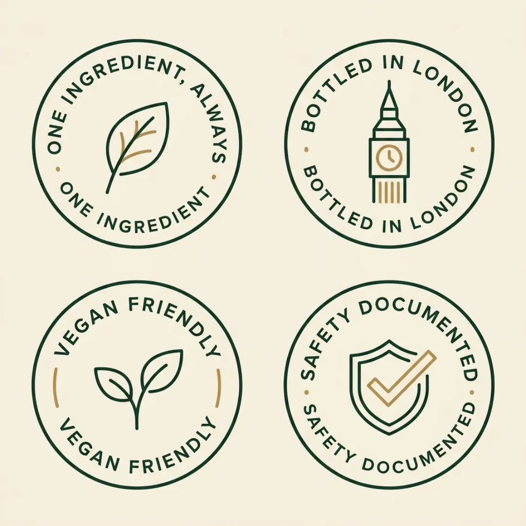 EverEarth promise badges: one ingredient always, bottled in London, vegan friendly, safety documented