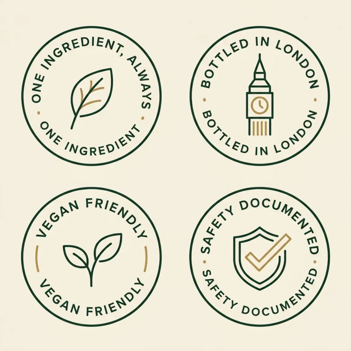EverEarth promise badges: one ingredient always, bottled in London, vegan friendly, safety documented