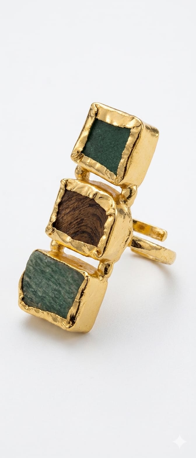 House of Rivit Triple Square Stone Gold Cuff Ring – Green & Wood
