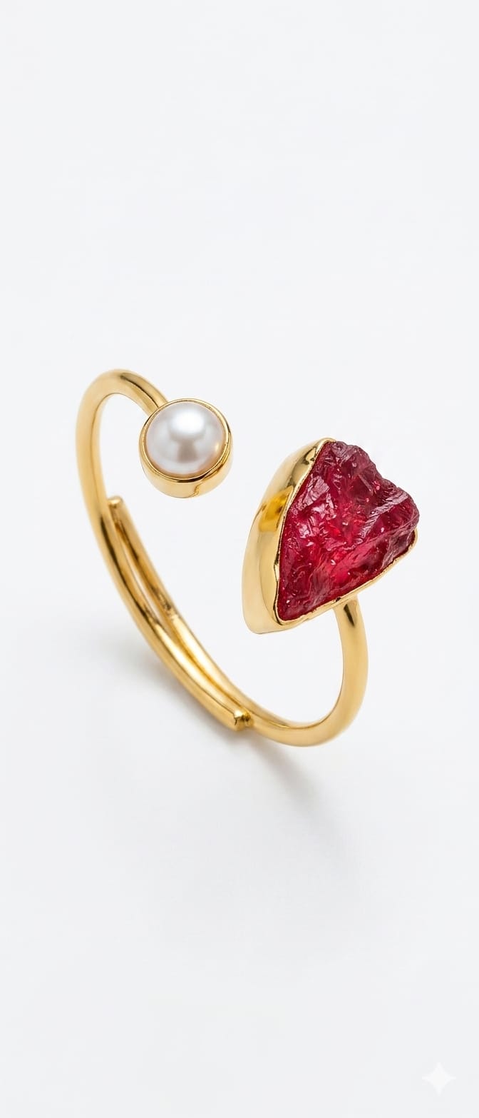 House of Rivit Raw Red Stone & Pearl Open Bracelet