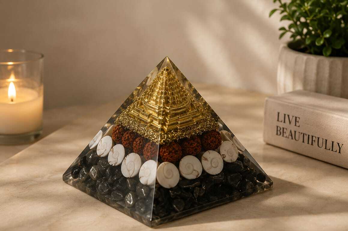 House of Rivit Shree Yantra Orgone Pyramid with Rudraksha & Gomti Chakra