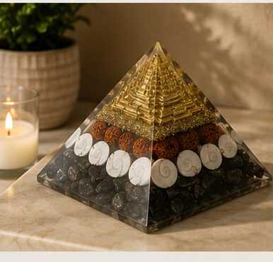 House of Rivit Shree Yantra Orgone Pyramid with Rudraksha & Gomti Chakra