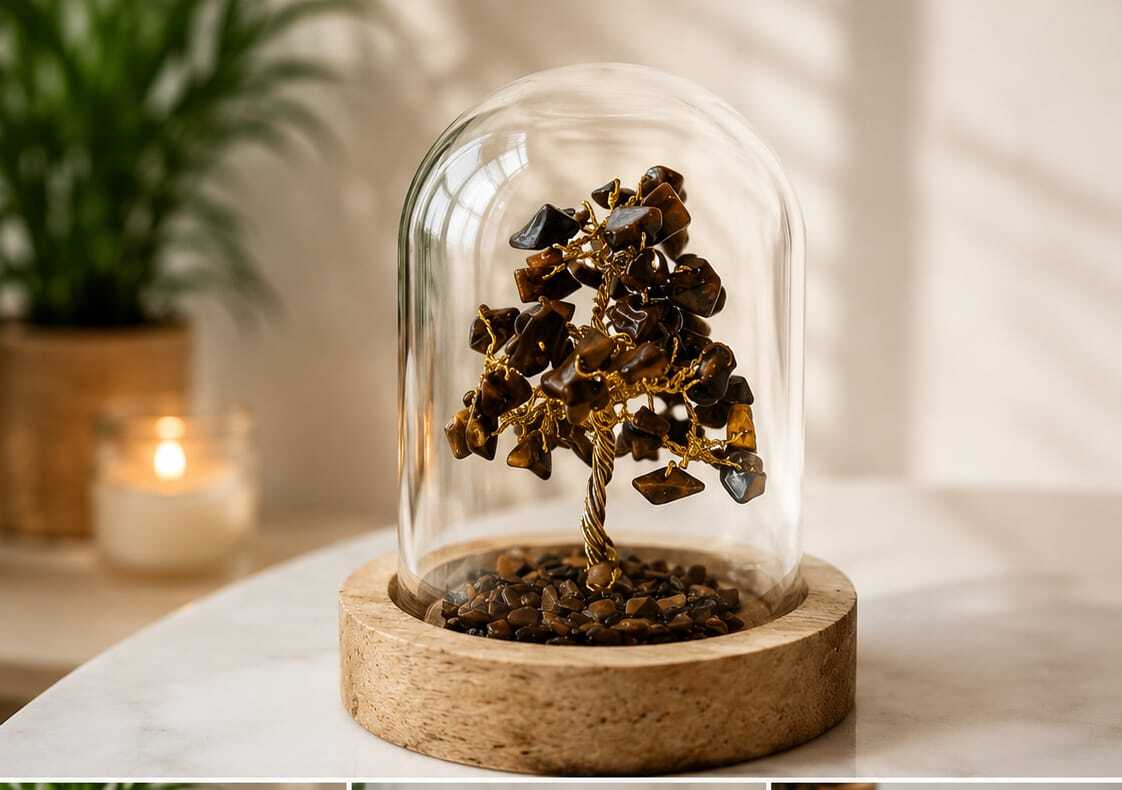House of Rivit Tiger Eye Crystal Gem Tree in Glass Dome